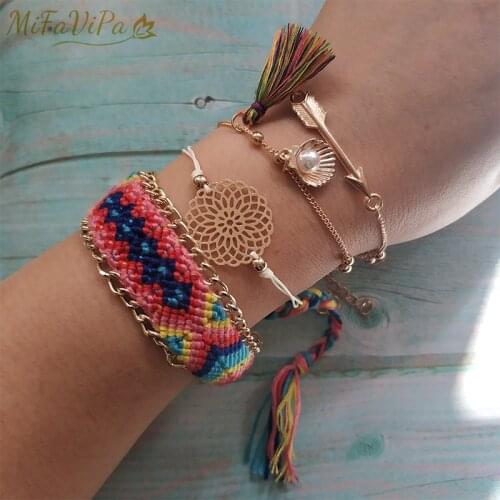 10 Sets Adjustable Boho Bangle Bracelets Set Crystal Charm Bohemian Jewelry Heart-Shell Arrow Braided Tassel Braceles for Women