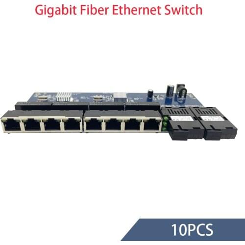 10pcs 2G8ERJ45with LED 8UTP&2SC 1000M Gigabit Ethernet Switch Ethernet Fiber Optical Media Converter Single Mode fiber PCBA