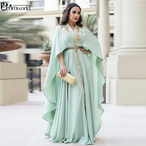 2021 Moroccan Caftan Mint Green Evening Party Dresses Long Half Sleeves Dubai Formal Gown Evening Dress with Embroidery