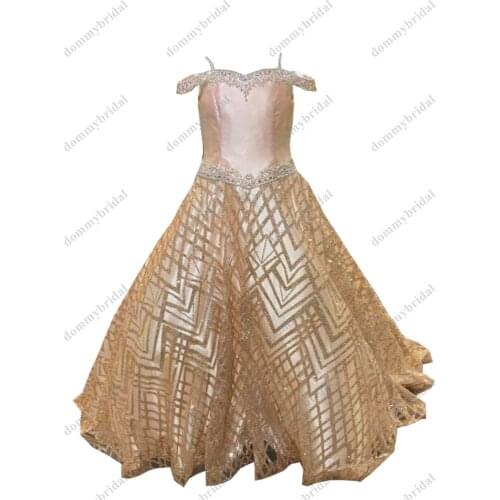 2021 Glitter Gold Little Girls Pageant Prom Formal Dresses for Kids Teens Crystals With Sleeve Boho Flower Girl Dress Cheap