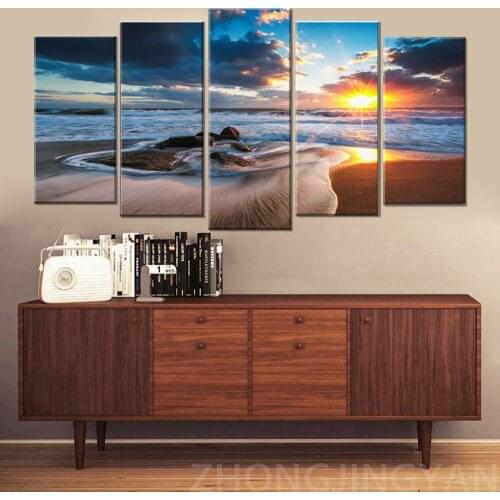5 Piece Wall Art Amazing Seascape Canvas Print Beautiful Sunrise on Sea Canvas Painting Giclee Art for Wall Decor Framed