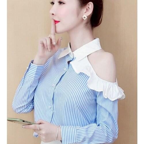 Womens Spring Autumn Style Cotton Blouses Shirt Womens Off Shoulder Striped Long Sleeve Button Elegant Tops SP129