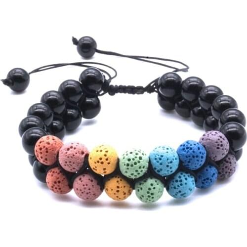 Seven Chakras Lava stone Double Braided Hand String Bracelet Matted Black Glass Beaded Adjustable Wristband Women Jewelry