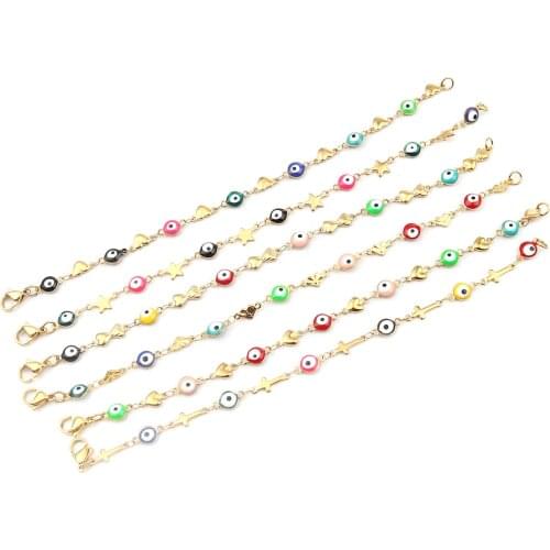 1 Piece 304 Stainless Steel Evil Eye Enamel Bead Bracelets Gold Color Multicolor Jewelry For Women Men Gifts 18.5cm long
