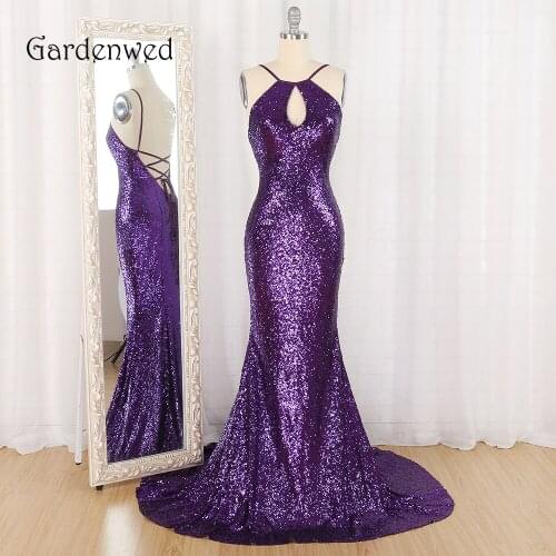 Gardenwed Hot Purple Sequin Long Dress Evening vestidos elegantes Spaghetti Straps Backless Woman Formal Dresses