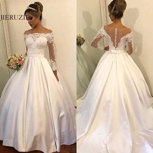 JIERUIZE White Satin Wedding Dresses Lace Appliques Buttons Cheap Wedding Gowns long sleeves Bride Dresses robe de soiree
