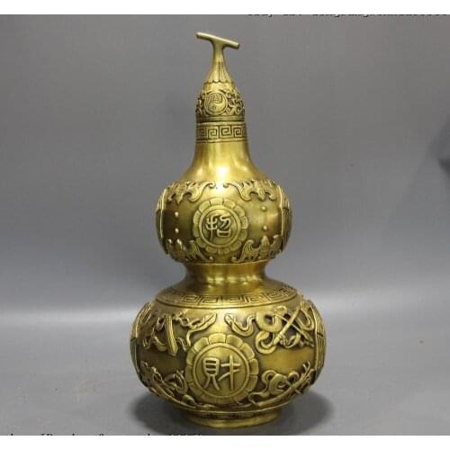 Chinese Palace Brass Copper Wealth Eight treasures Fu Lucky Bottle Gourd Statue