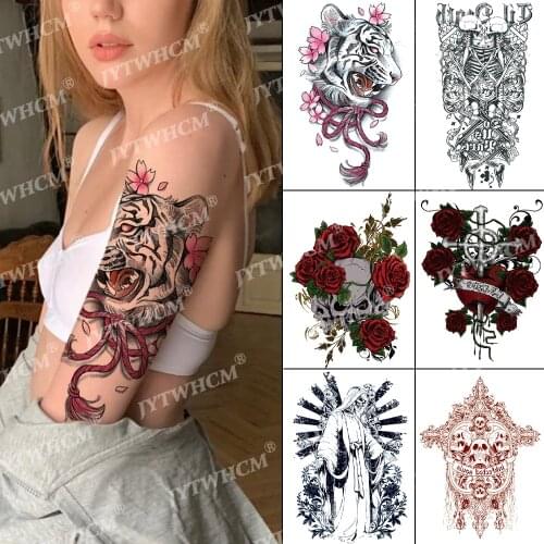 Cute Tiger Tattoo Sticker Fake Sleeve Waterproof Temporary Tattoo Kids Set Neck Arm Pink Cool Fashion Skeleton Tattoos For Women