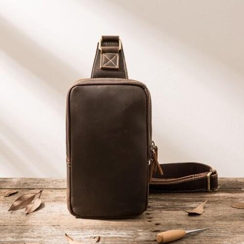 Genuine Leather Men Chest Bag Retro Soft Crossbody Pack Handmade Cowhide Crazy Horse Brown Travel Leisure Single Shoulder Bags