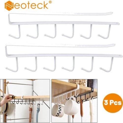 Neoteck 3 Pcs Under-Cabinet Hanger Rack with 6 Hooks Under Shelf Storage Rack Organizer For Kitchen Cupboard Storage Hanger Hook