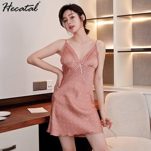 Heeatal Night Dress Women Sleepwear Sling Pajamas Women Ice Silk Sexy Nightdress with Chest Pad Silk Sleepwear Nighty for Ladies
