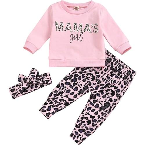 New spring fashion kids baby girl clothes long sleeve letter printed T-shirt and leopard print pants suit