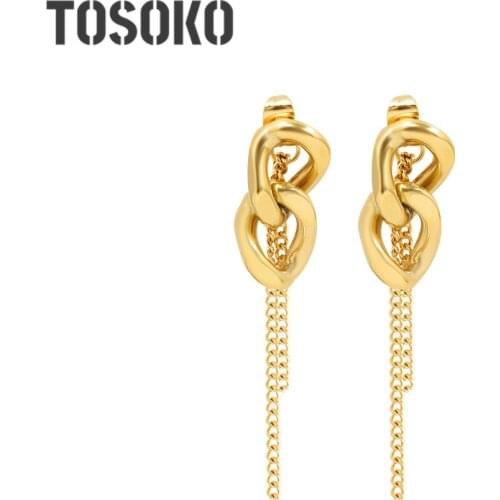 TOSOKO Stainless Steel Jewelry Thick Chain Double Tassel Earrings Womens Fashion Twist Irregular Earrings BSF480