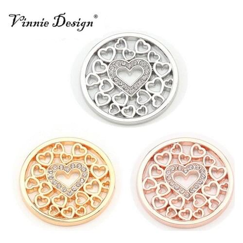 Vinnie Design Jewelry Multi Heart Coin Disc with Clear CZ Stone fit for 35mm Pendant 5pcs/lot
