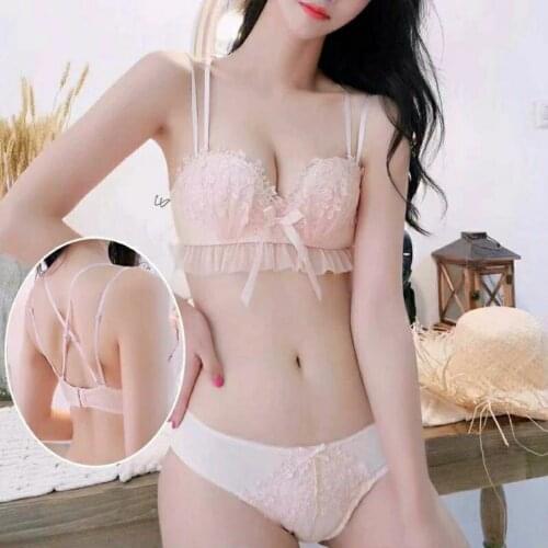 Japanese lace sweet and lovely underwear set beautiful back girl thick adjustment bra women gather small breasts without rims