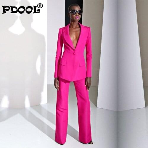Fashion New 2021 Spring Fuchsia Formal Pant Suits for Weddings Women Sets Business Suits Female Trouser Suits Women Clothing