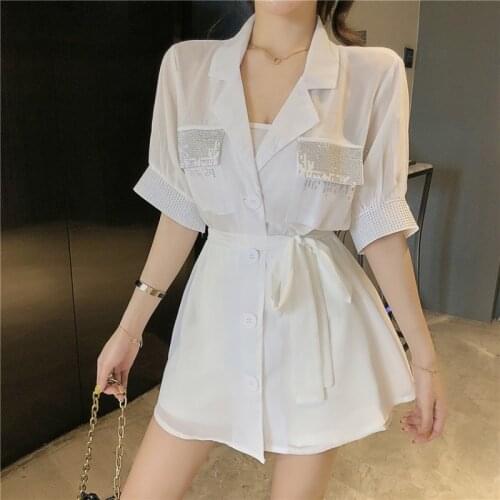 Women White Long Shirts Shorts Two Piece Sets Short Sleeve Belt Blouse+Mini Pant Suits 2021 Summer Fashion Casual Clothing Suit