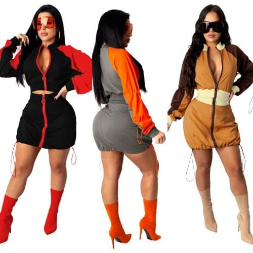Patchwork Tight Two Pieces Skirt Sets Women Long Sleeve Zip-up Sexy Crop Top + Mini Skirt Spring Summer Casual Outfit Clothes