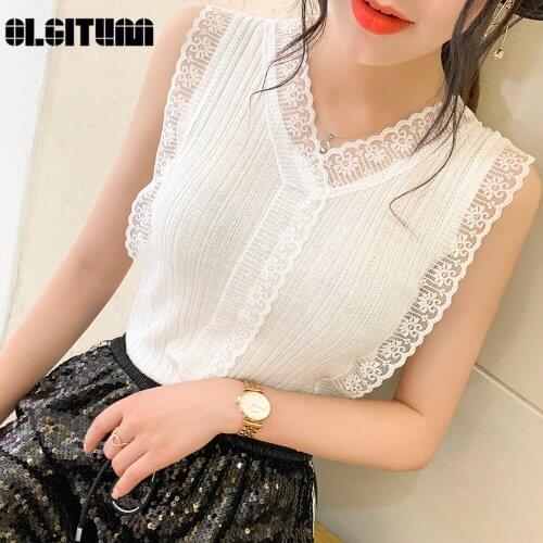 2020 Sweet Style Women Solid Korean Slim Vest Lace Hollow Out Knitted V-Neck Sleeveless Basic Tops Female Tank