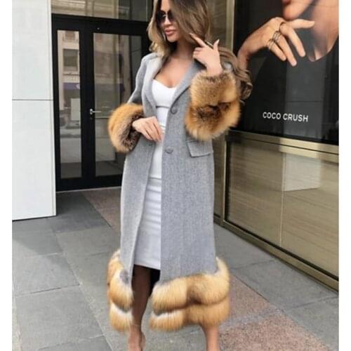 Women Long Genuine Wool Coat Winter with Real Fox Fur Sleeves and Hem Ladies coat High Street Wear