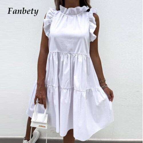 2021 Summer Elegant O-Neck Ruffle Sleeve Party Dress Women Sweet Solid Loose Doll Dress Lady Fashion Casual A-Line Mini Dress