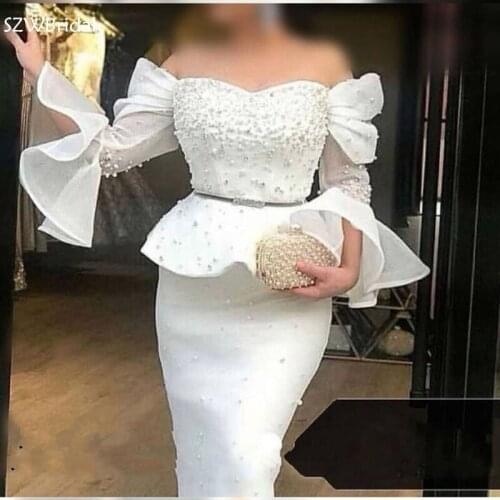 New Arrival White Dubai Arabic evening dress Party 2021 abiye elbise Pearls Beaded Evening gowns Robe de soiree Formal dress