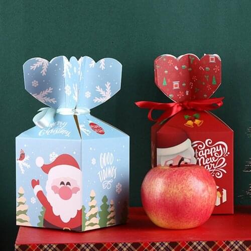 10Pcs Christmas Gifts Package Boxs Candy Box Santa Claus Printed Paper Box Wedding Party Candy Bag with Ribbon and Tag