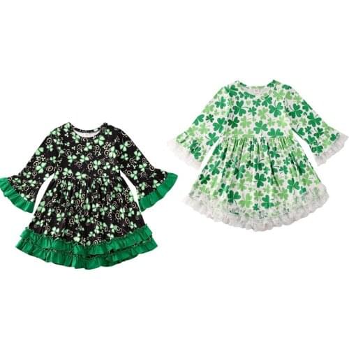 2020 Cute Infant Girls Baby Dress Flowers Print Lace Flare Sleeve Knee Length A-Line Dress Lucky Outfits