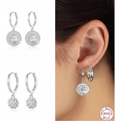 GS 925 Sterling Silver Vintage Engraved Coin Portrait Charm Dangle Earrings For Women Party Luxury Daisy Pendant Drop Earrings