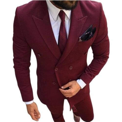 Burgundy Double-Breasted Mens Evening Dress Toast Suit Prom Party Clothing Handsome Groom Tuxedos (Jacket+Pants+Tie) W:513