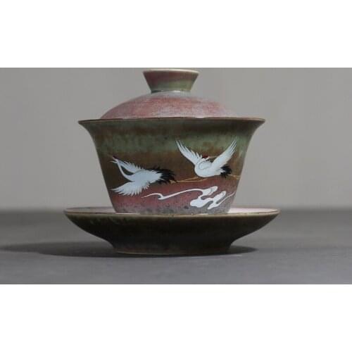 140ml Kiln Change Ceramic Gaiwan Chinese Kung Fu Tea Bowl Teacup with Lid and Saucer Teapots Drinkware Vintage Tea Tureen Decor