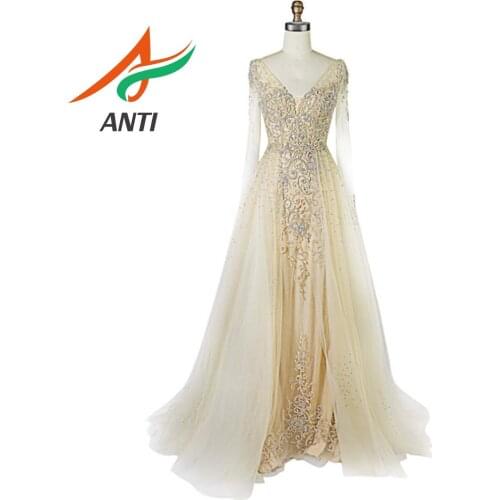 ANTI Long Sleeves Elegant Champagne Mermaid Tulle V Neck Arabic Elegant Evening Dress 2019 with Detachable Skirt Abiye Elbiseler