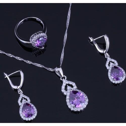 Exquisite Pear Purple Cubic Zirconia White CZ Silver Plated Jewelry Sets Earrings Pendant Chain Ring V0291