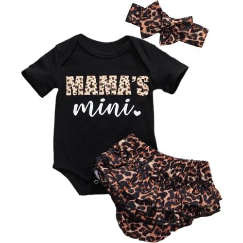 0-18M Toddler Kids Baby Girls Clothes Sets Letter Leopard Print Short Sleeve Romper Tops+Shorts+Headband 3pcs