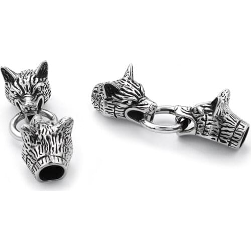 1 set Wolf Head Bracelet Clasps Hook Stainless Steel Connector Fit 8mm Leather Rope Cord End Clasps Men Bracelets Findings