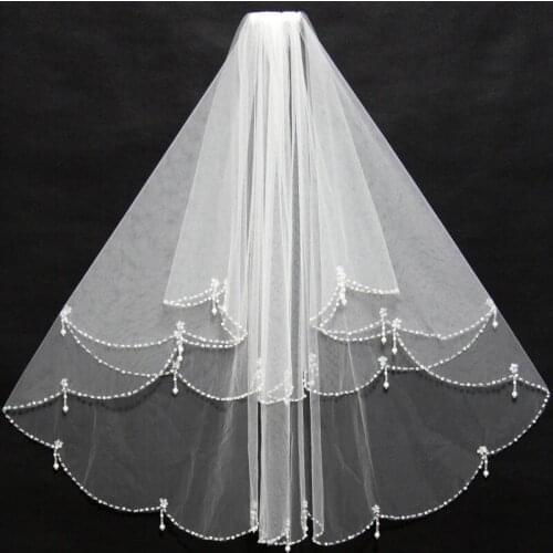 Short White Ivory Bridal Veils 2023 Beading Pearl Edge Ruffles With Comb Cheap Wedding Bride Accessories