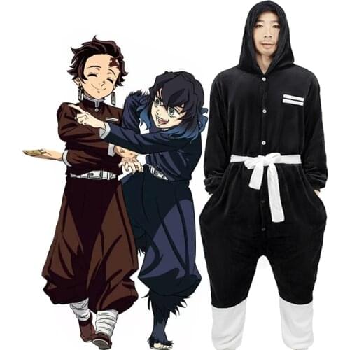 Anime Demon Slayer Kochou Shinobu Cosplay Tomioka Giyuu Costume Adult Unisex Hooded Flannel Casual Black Pajama Onesie Sleepwear