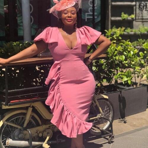 Summer Sexy Pencil Dresses For Women Deep V Ruffle Design Hip Dress Solid Color Slim Elegant Knee-length Vestidos African Femme