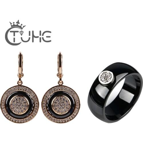 Fashion Jewelry Set For Women Trendy Style Rose Gold Silver Color Ceramic Round Shape Ear Earrings Rings Wedding Jewelry Gift