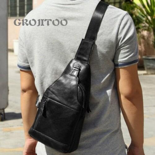 GROJITOO Genuine lesther mens chest bag leather shoulder messenger bag running bag