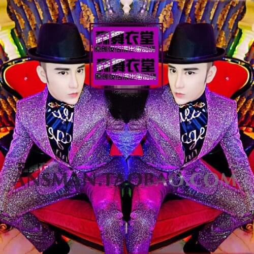 Nightclub Male singer DJ GD style Performance suits Fashion Coloured Purple Gradient flash powder suit costumes