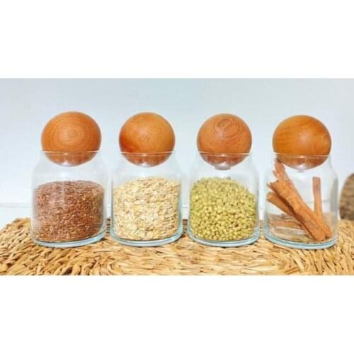 4'lü Top Cap Jar Set With Wooden Lid Glass Confectionary Sugar Bowl Spice