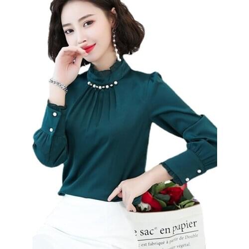 Bead work collar satin blouses women long sleeve red satin shirts mothers elegant silk shirts tops