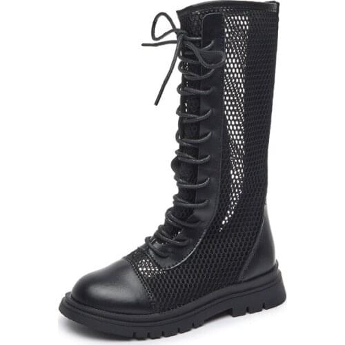 2021 Autumn Spring Girls High Tube Boots Kids Lace Mesh Roman Shoes Children Korean Flat Shoes Fashion Breathable Non-Slip Boot