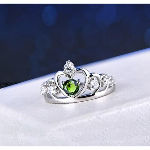 Sliver Jewelry Green Emerald Ring for Women Real 925 Sterling Silver Crown Love Heart Finger Ring Shiny