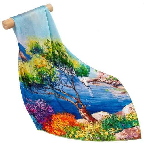 100% Pure Silk Scarf Women Scarf Seaside Tree Hijab Female Hair Scarf Oil Painting Artistic Square Silk Head Scarf Neck Bandana