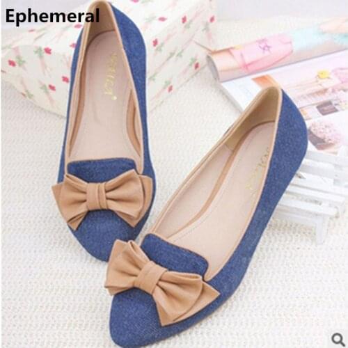 Plus Size EU34-46 Ladies European And American Style Denim Pointed Toe Bow Women Single Casual Flats Dancing Kvoll Shoes Blue