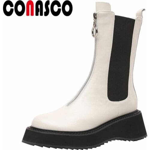 CONASCO New Punk Women Ankle Boots Autumn Winter Warm Genuine Leather Causal Prom Office Lady Concise Punk Shoes Woman