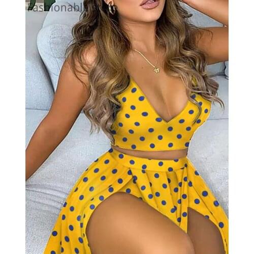 Womens Casual Sleeveless V-neck Print Tops and Skirt Two-piece Set