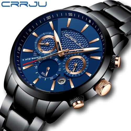 202030M Waterproof Crrju Hot Full Steel Men Watch Military Wrist Watches Chronograph Fashion Men Sports Watch Relogio Masculino